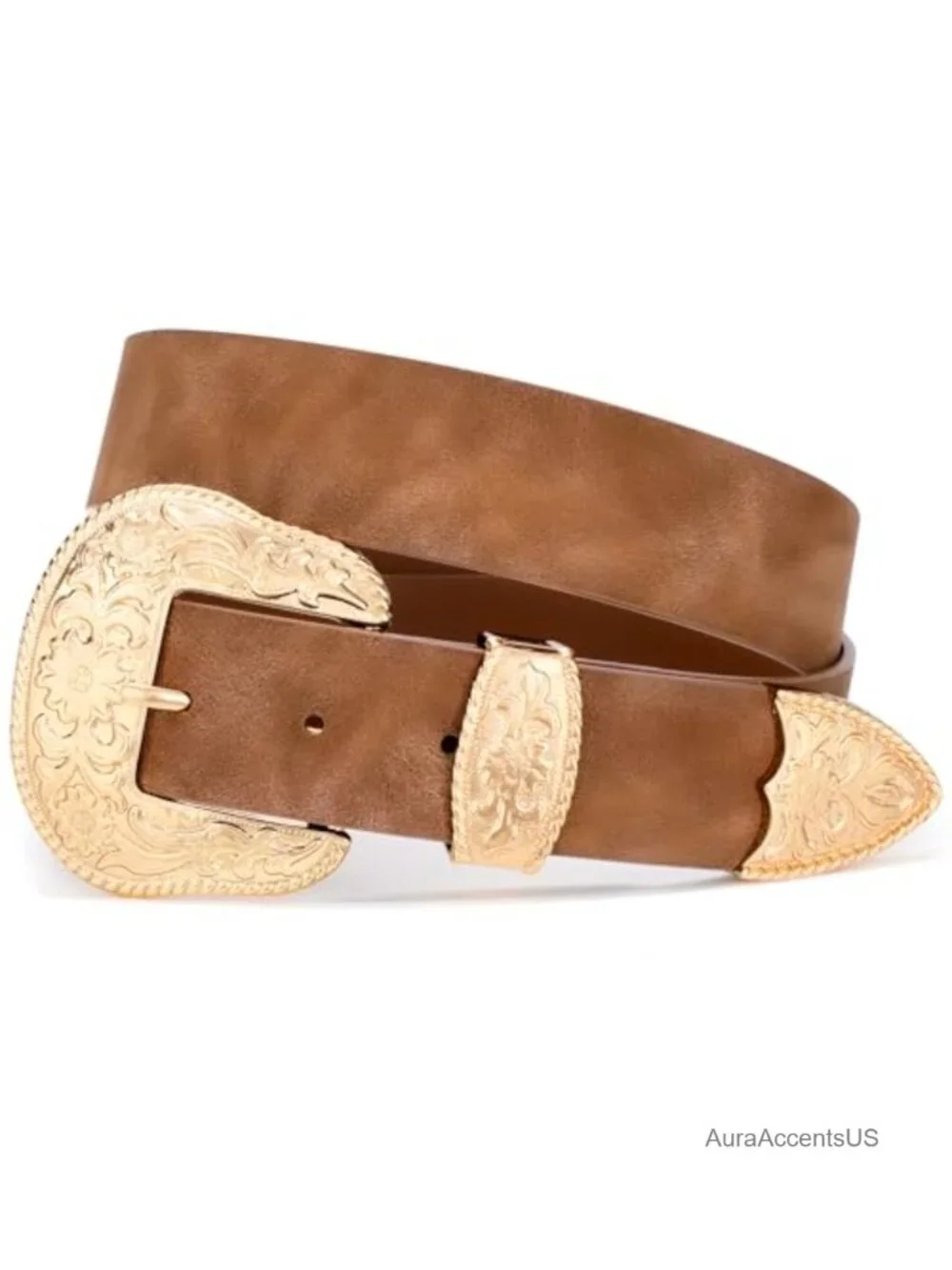 Vintage Faux Leather Western Belt with Floral Big Buckle for Women Cowgirl